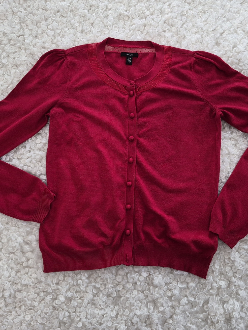 JACOB Red Cardigan M Sheer Trim Soft Girl Chic Model Off Duty Y2K Aesthetic - Picture 3 of 8
